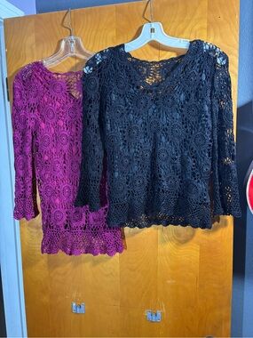 Bundle of 2- Crochet Lace Long-Sleeve Tops, Black & Pink/Purple, approx size XS